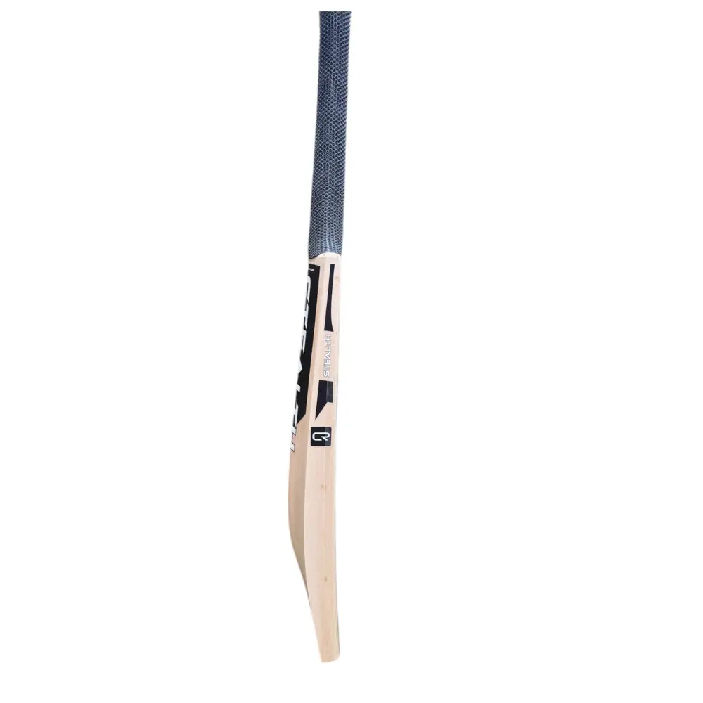 Side profile of CR STEALTH EDITION a english willow cricket bat showing its spine, edge thickness, and handle grip