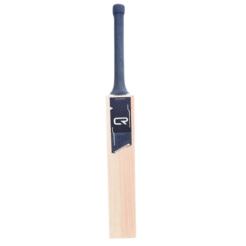 CR Stealth Edition cricket bat front view showing full blade profile, branding sticker, and textured handle grip