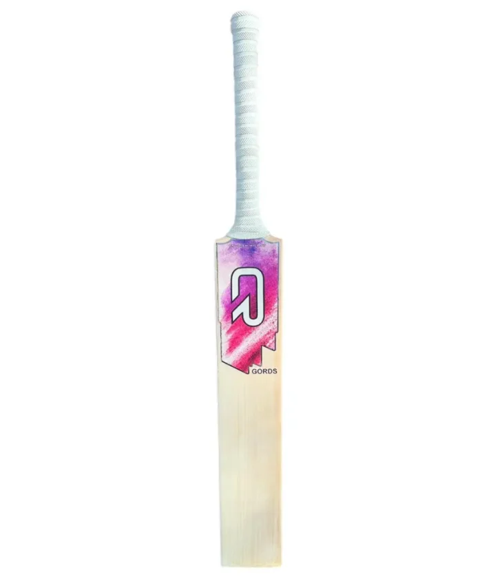 professional English willow cricket bat featuring modern pink-purple gradient design and ergonomic white handle