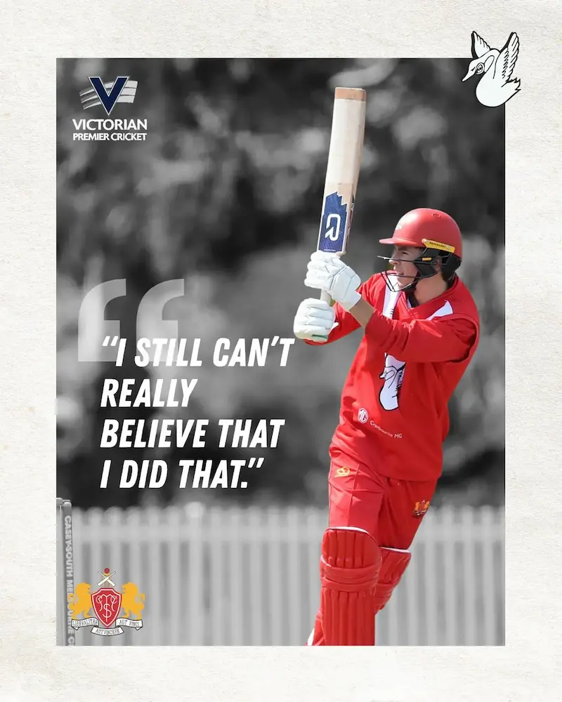 Cricket player in red uniform hitting shot with CR bat quote about unbelievable achievement