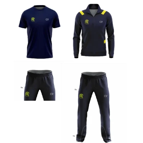 Men’s navy blue sports tracksuit set with t-shirt, jacket and trousers for gym and cricket training